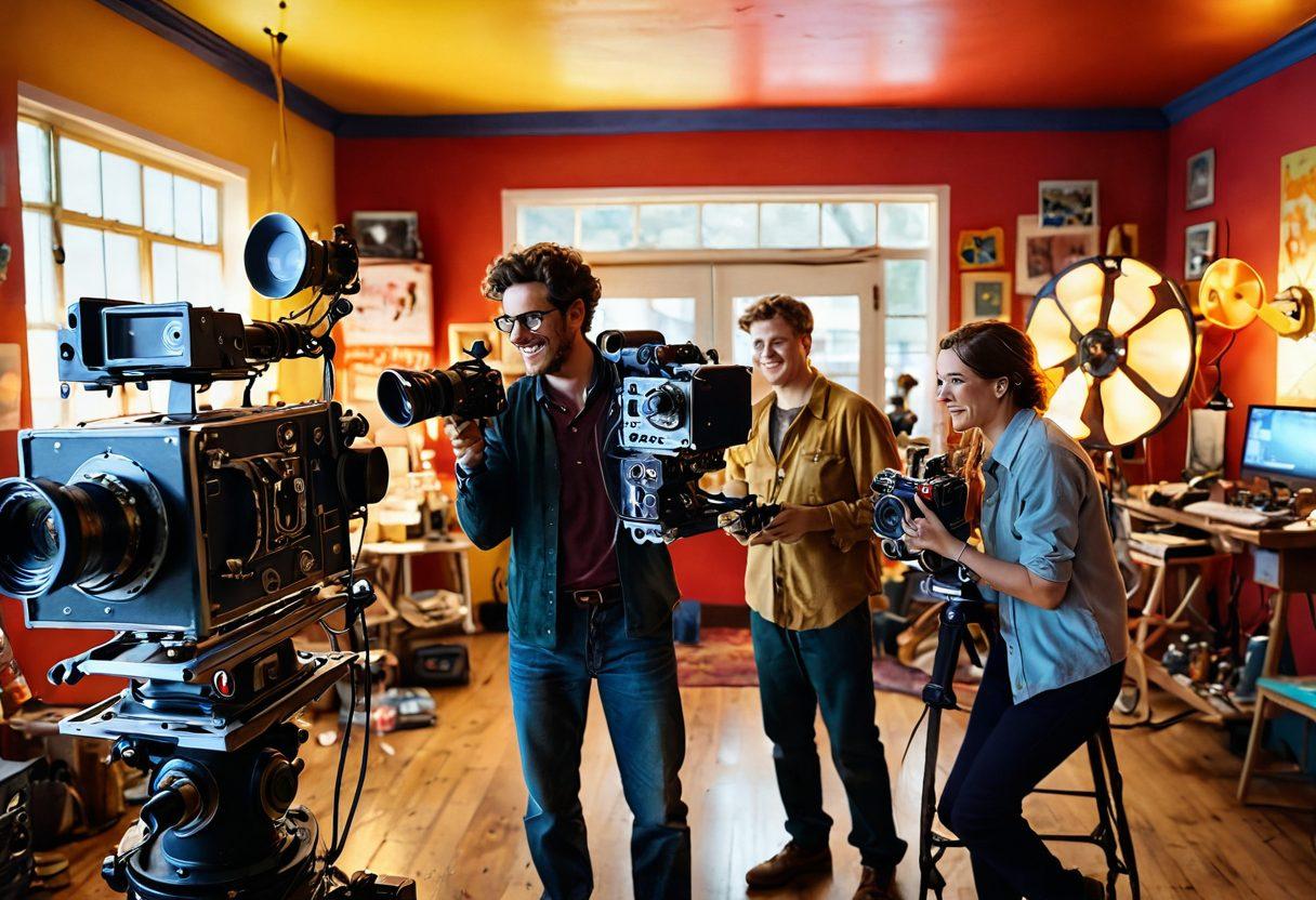 A vibrant film set bustling with energy, featuring a diverse crew working on both a blockbuster and an indie film, contrasting grand high-tech cameras with quaint vintage gears. In the foreground, a joyful director passionately guiding actors, surrounded by colorful film reel decorations and cheerful mood boards. Brilliant sunlight filters through, illuminating the creative chaos, capturing the essence of filmmaking joy. painterly styles with a whimsical touch. vibrant colors.