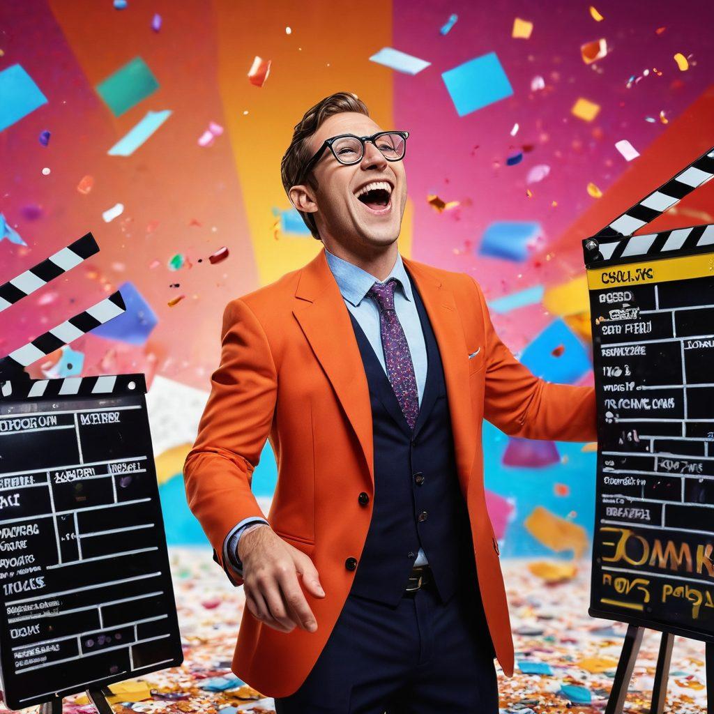 A colorful film scene combining elements of blockbuster and indie films, featuring a cheerful director on set with a clapperboard, surrounded by vibrant movie posters in the background. Add playful film reels and confetti raining down, symbolizing joy in filmmaking. The setting is bright and lively, evoking the excitement of cinema. super-realistic. vibrant colors. 3D.