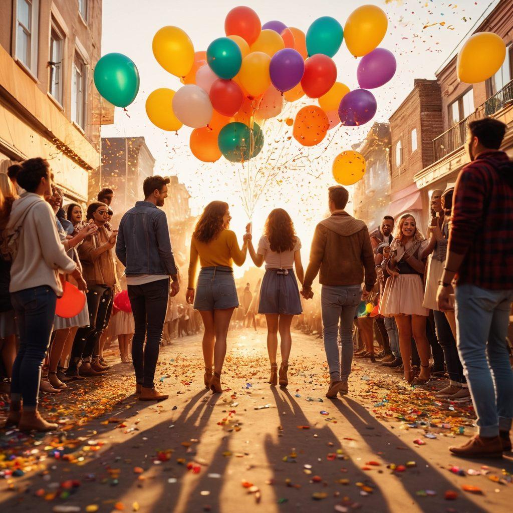 A vibrant film set, showcasing a cinematographer capturing an outdoor scene filled with laughter and joy. Cinematic lights casting colorful reflections, capturing a diverse group of people celebrating, with elements like a film reel, camera, and golden sunlight. The atmosphere is lively, filled with balloons and confetti. super-realistic. vibrant colors. cinematic style.